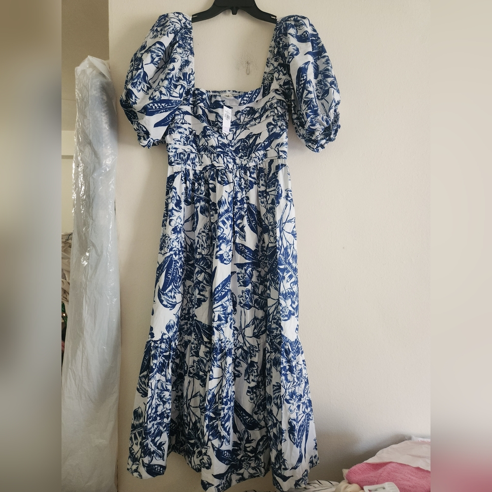 ABERCROMBIE Emerson Poplin Puff Sleeve Midi Dress Whitefloral/blue. NO L… - Picture 2 of 15